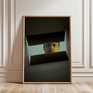 Puede incluir: Impresión artística enmarcada que muestra a una persona mirando desde dentro de una caja de cartón. La cara de la persona está centrada, con una expresión seria. La caja es oscura, contrastando con el fondo azul claro visible a través de la abertura.