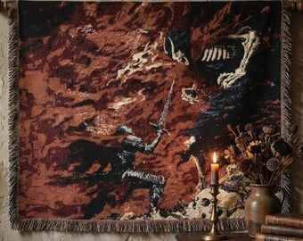 Dark Fantasy Battle Woven Blanket, Gothic Hell Knight Jacquard Tapestry Throw, Bloody Dark Berserker Decor