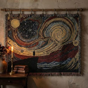 May include: A woven tapestry showing a starry night scene with a swirling galaxy and a figure on a cliff. The tapestry uses gold, red, blue, and black, with a fringed edge and a wooden rod for hanging. The tapestry is approximately 150 cm wide.