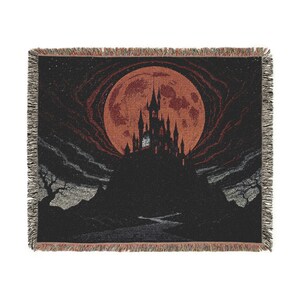 Blood Moon Gothic Castle Woven Blanket, Dark Fantasy Moon Tapestry Throw, Vampire Castle Wall Art, Medieval Night Decor, Occult Home Textile image 7