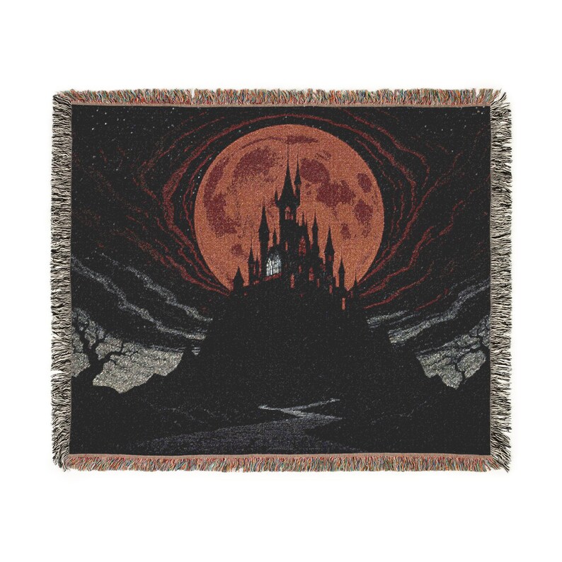Blood Moon Gothic Castle Woven Blanket, Dark Fantasy Moon Tapestry Throw, Vampire Castle Wall Art, Medieval Night Decor, Occult Home Textile image 7