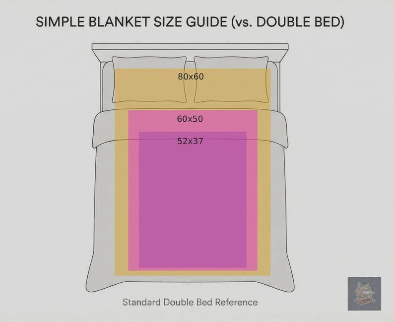 May include: Diagram illustrating blanket sizes on a double bed. The image shows a bed with pillows and blankets in various sizes: 80x60 inches, 60x50 inches, and 52x37 inches. Text at the top reads "SIMPLE BLANKET SIZE GUIDE (vs. DOUBLE BED)".