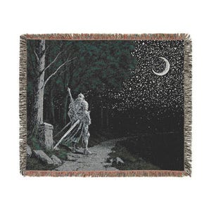 Dark Fantasy Knight Woven Blanket, Soulslike Medieval Warrior Tapestry Throw, Gothic Night Path Art, RPG Inspired Decor, Cozy Gamer Gift zdjęcie 6
