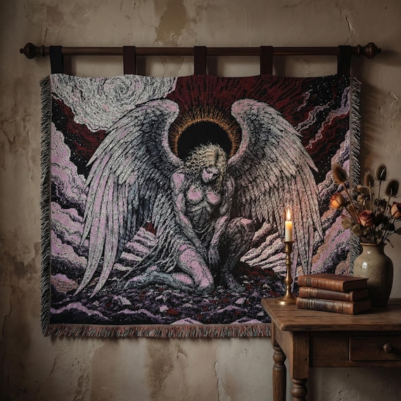 Fallen Angel Gothic Woven Blanket, Dark Fantasy Jacquard Tapestry Throw, Celestial Wall Art for Moody Interiors