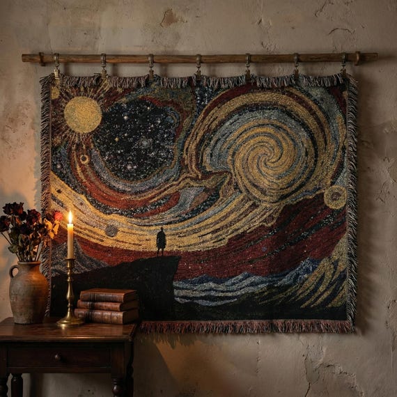 Cosmic Spiral Woven Blanket, Dark Celestial Tapestry, Existential Night Sky Art, Mystical Galaxy Throw, Abstract Universe Decor