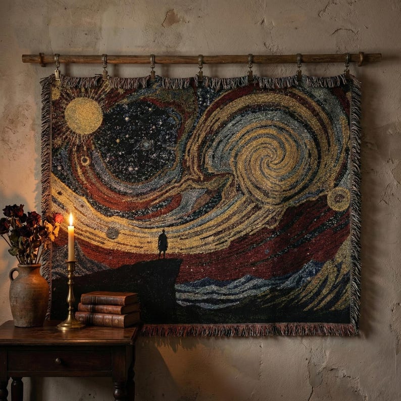 May include: A woven tapestry depicting a starry night scene with a swirling galaxy and a figure standing on a cliff. The tapestry features a color palette of gold, red, blue, and black, with a fringed edge and a wooden rod for hanging.