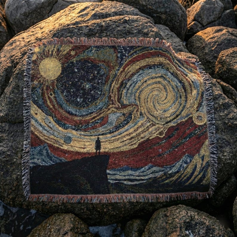 May include: A woven throw blanket featuring a stylized depiction of a starry night with a figure standing on a cliff. The design incorporates swirling patterns in shades of gold, blue, red, and black, with a fringed edge.