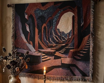 Gothic Liminal Staircase Woven Blanket, Dark Fantasy Architecture Tapestry, Surreal Cathedral Corridor Throw, Atmospheric Wall Art
