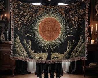 Gothic Crow King Woven Blanket, Dark Fantasy Decor, Macabre Wall Art Tapestry, Witchy Home Decor, Large 100% Cotton Throw, Occult Gift