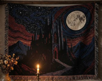 Gothic Moon Cathedral Woven Blanket, Dark Fantasy Castle Tapestry, Night Sky Wall Art Throw, Medieval Gothic Home Decor