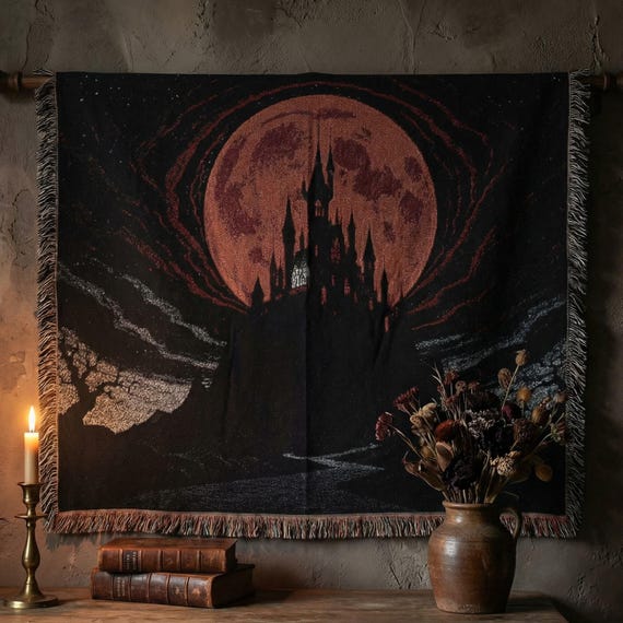 Blood Moon Gothic Castle Woven Blanket, Dark Fantasy Moon Tapestry Throw, Vampire Castle Wall Art, Medieval Night Decor, Occult Home Textile