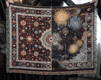 Persian Inspired Surreal Woven Blanket, Cosmic Jacquard Tapestry Throw, Antique Rug Inspired Wall Art for Atmospheric Interiors