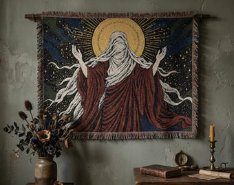 Celestial Veiled Figure Woven Blanket, Dark Academia Jacquard Tapestry Throw, Mystic Gothic Wall Art Decor