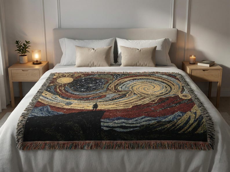 May include: A woven throw blanket with a colorful, abstract design depicting a starry night sky and a figure on a cliff. The blanket features a fringed edge and is displayed on a bed with pillows.