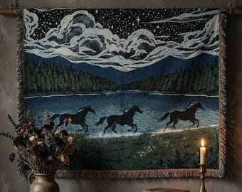 Gothic Wild Horses Woven Blanket, Nature Art Tapestry Throw, Cabin Wall Art, Starry Night Home Decor