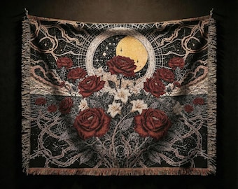 Gothic Moon Rose Woven Blanket, Dark Romance Tapestry, Witchcore Floral Art, Celestial Rose Decor, Vintage Boho Throw Gift