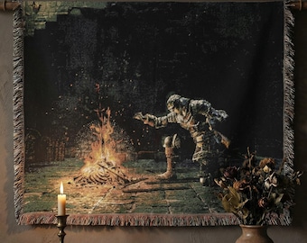 Dark Fantasy Bonfire Knight Woven Blanket, Soulslike RPG Tapestry Throw, Medieval Warrior Wall Art, Gothic Gamer Decor