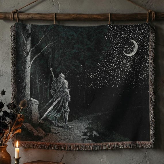 Dark Fantasy Knight Woven Blanket, Soulslike Medieval Warrior Tapestry Throw, Gothic Night Path Art, RPG Inspired Decor, Cozy Gamer Gift