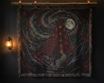 Gothic Moon Cathedral Woven Blanket, Dark Fantasy Castle Tapestry, Liminal Staircase Art, Surreal Night Sky Decor, Occult Throw Gift