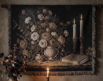 Gothic Dark Floral Woven Blanket, Vanitas Tapestry Throw, Antique Roses Candlelight Art, Dark Academia Decor, Vintage Occult Wall Hanging