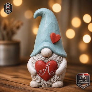 Valentine Love Gnome aangepaste Valentijnsdag cadeau gepersonaliseerd monogram schattig kabouter schattig Valentine 3D-afdrukmodel met hart STL- en 3mf-bestanden