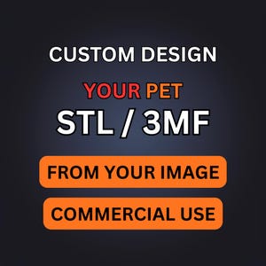 May include: Image with text: "CUSTOM DESIGN", "YOUR PET", "STL / 3MF", "FROM YOUR IMAGE", and "COMMERCIAL USE". The text is white and orange on a dark blue to black gradient background.