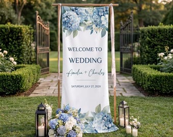 Blue Hydrangea Wedding Welcome Sign, Fabric Wedding Banner, Dusty Blue Floral Wedding Signage, Outdoor Wedding Decor