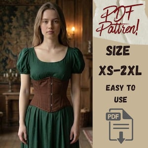Puede incluir: Una mujer con un vestido verde y un corsé marrón. La imagen incluye el texto "PDF Pattern!" y "SIZE XS-2XL EASY TO USE". El vestido tiene mangas cortas abullonadas.