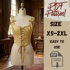 Puede incluir: Un corsé dorado con un patrón floral, exhibido en un maniquí. El corsé presenta un frente con cordones y lazos de cinta en los hombros y la cintura. El texto a la derecha dice "PDF Pattern!" y "SIZE XS-2XL EASY TO USE".
