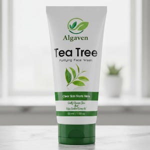 May include: White tube of Algaven Tea Tree Purifying Face Wash. The tube has a green and white design with the text "Tea Tree" and "Clear Skin Starts Here". The tube contains 50 ml of product.