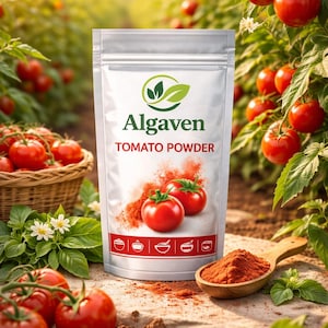 May include: A silver pouch of Algaven Tomato Powder is shown in a tomato field. The pouch has a logo with green leaves and the words "Tomato Powder." Fresh tomatoes and a wooden spoon with tomato powder are also visible.
