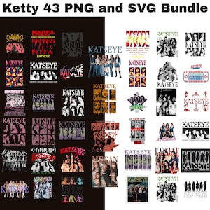 Könnte beinhalten: Eine Sammlung digitaler Grafiken mit dem Text "Ketty 43 PNG and SVG Bundle" und dem Wort "KATSEYE" in verschiedenen Schriftarten und Stilen. Die Bilder zeigen Gruppenfotos und Tour-Grafiken, mit einer Mischung aus Farben und Schwarz-Weiß-Designs.