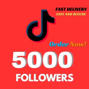 Könnte beinhalten: Ein roter Hintergrund mit einem stilisierten schwarzen und blauen Notenlogo. Das Bild enthält den Text "Fast Delivery Safe and Secure" und "Order Now!" in Weiß, Blau und Orange. Die Zahl "5000" und das Wort "Followers" werden ebenfalls angezeigt.