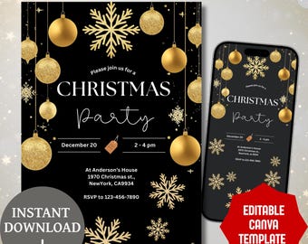Modèle d'Invitation de fête de Noël modifiable, événements de vacances or & toile imprimable moderne Noël en téléchargement numérique