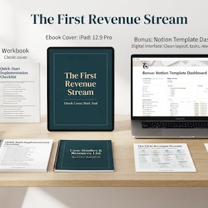 Peut inclure: Un ensemble de produits numériques comprenant une couverture de livre électronique bleu sarcelle sur une tablette, un ordinateur portable affichant un tableau de bord Notion, et divers cahiers d'exercices et fiches de stratégie intitulés The First Revenue Stream.