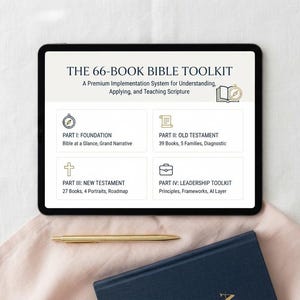May include: A tablet displaying The 66-Book Bible Toolkit, a premium implementation system for understanding, applying, and teaching scripture. The screen shows four parts: Foundation, Old Testament, New Testament, and Leadership Toolkit.
