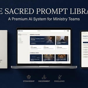 May include: A white book with a gold cross, a laptop displaying a dashboard titled Sermon & Teaching, and a tablet showing an Exegetical Scaffold chart. The text reads THE SACRED PROMPT LIBRARY A Premium AI System for Ministry Teams.