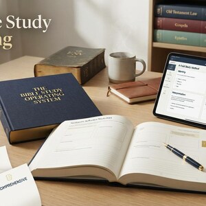 Peut inclure: Un livre à couverture rigide bleu foncé intitulé The Bible Study Operating System, un agenda ouvert avec des pages lignées, une tablette affichant une méthode d'étude en 4 points, un stylo et une pile de cartes blanches marquées Book Atlas, 4-Fold Method, Digital & Printable, Reusable System, Trackers et Comprehensive.