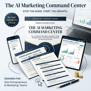 Peut inclure: Un planificateur et suivi marketing intitulé The AI Marketing Command Center, édition 2026, comprenant un système de suivi premium, un smartphone affichant un journal d'activité, une tablette avec un tableau de bord SEO, des pages et un stylo.