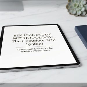 Peut inclure: Une tablette affichant le texte BIBLICAL STUDY METHODOLOGY: The Complete SOP System, Operational Excellence for Ministry Practitioners, placée à côté d'un carnet bleu foncé avec un emblème de croix dorée sur la couverture.