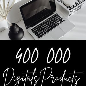 May include: A laptop with a black keyboard and a silver body sits on a white surface. A black vase and a decorative plant are to the left. The image includes the text "400 000 Digitals Products".