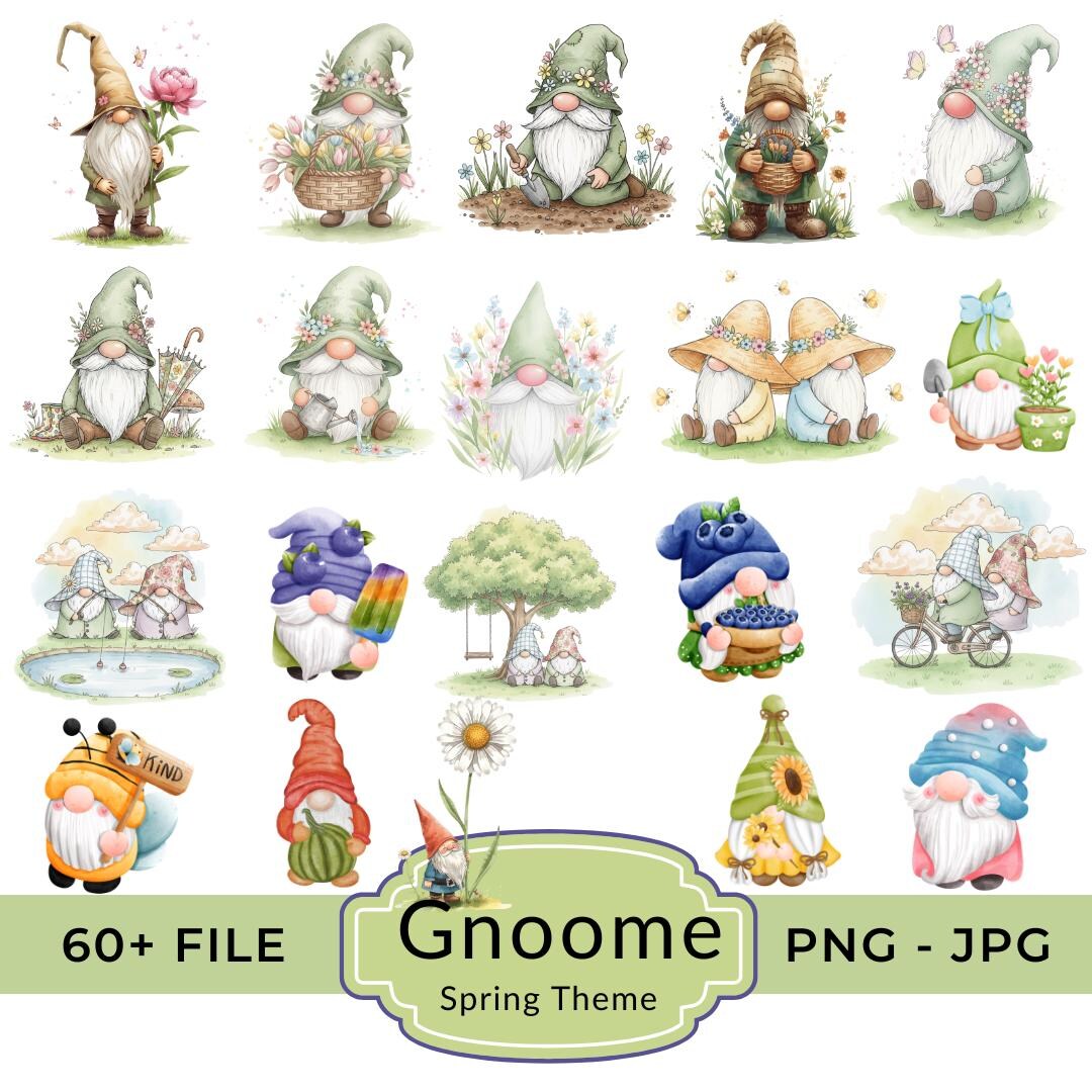 Spring Gnome Clipart Bundle PNG JPG | Cute Garden Gnomes Spring Theme ...