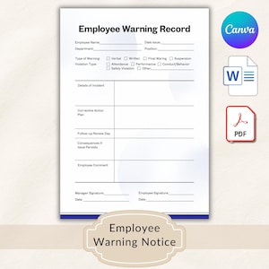 Könnte beinhalten: Eine weiße Vorlage für eine Mitarbeiterwarnung mit blauen Akzenten. Das Formular enthält Felder für Mitarbeiterinformationen, Einzelheiten des Vorfalls, Korrekturmaßnahmen und Unterschriften. Der Text "Employee Warning Notice" befindet sich unten.