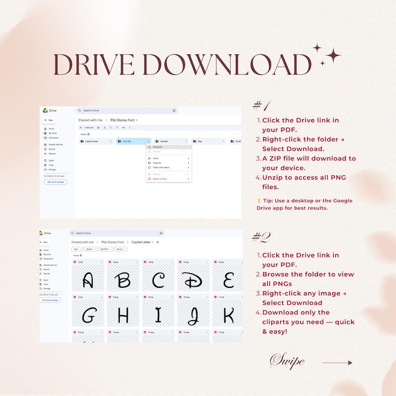 Disney font file download guide: step-by-step Drive screenshots for svg/png/pdf/ttf fonts and sample Disney letters.