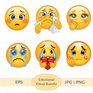 Puede incluir: Colección de seis emojis amarillos que expresan tristeza. Algunos tienen lágrimas, otros sostienen pañuelos o sus manos en la cara. Un emoji sostiene un corazón roto. Se muestra el texto "Emotional Emoji Bundle".