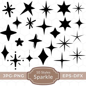 May include: A collection of black starburst designs in various shapes and sizes. The image includes a brown label with the text "10 Styles Sparkle" and file type information: JPG-PNG and EPS-DFX.