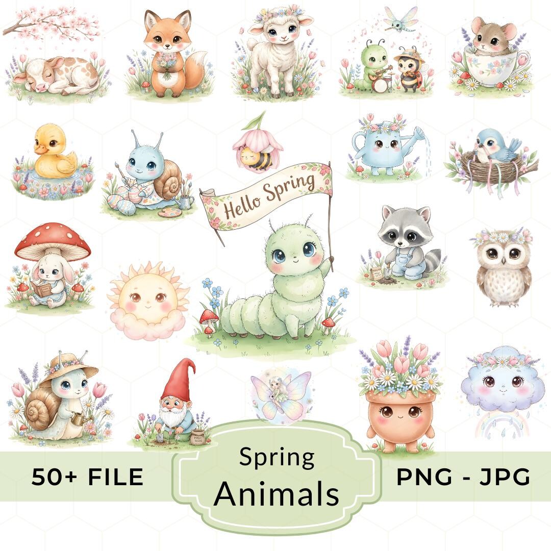 Bitmap Spring Animals Watercolor Spring Animals Clipart Bundle, Nursery Art (PNG JPG Digital ...