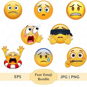 May include: A collection of yellow emoji faces expressing fear, anxiety, and worry. The emojis display various expressions, including a zipped mouth, sweat beads, wide eyes, and a crying face. The bundle includes EPS, JPG, and PNG formats.