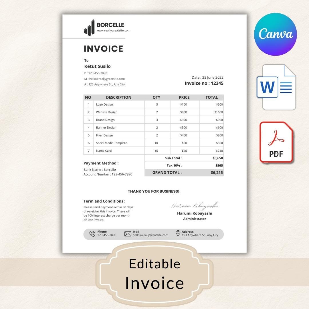 Editable Invoice Template | Small Business Order Form (word, PDF, Canva ...