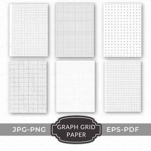 Puede incluir: Seis hojas de papel de cuadrícula gráfica en una variedad de estilos. Las hojas incluyen cuadrícula, cuadrícula de puntos y papel en blanco. La imagen también incluye un gráfico con el texto "GRAPH GRID PAPER" y los tipos de archivo "JPG-PNG" y "EPS-PDF".